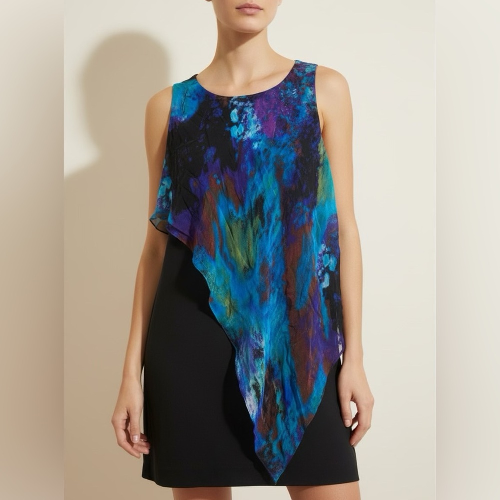Aidan Mattox Womens Sz 12 Cocktail Dress Sleeveless Black &Colorful Silk‎ Outfit